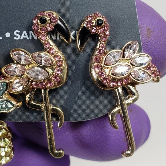 Minicci 3 Pairs of Gold-Tone Crystal Post Drop Earrings, Flamingo, Leaf, Flower - Picture 8 of 11